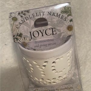 Candle lit names Candle holder with name “Joyce” with scented tea light. New